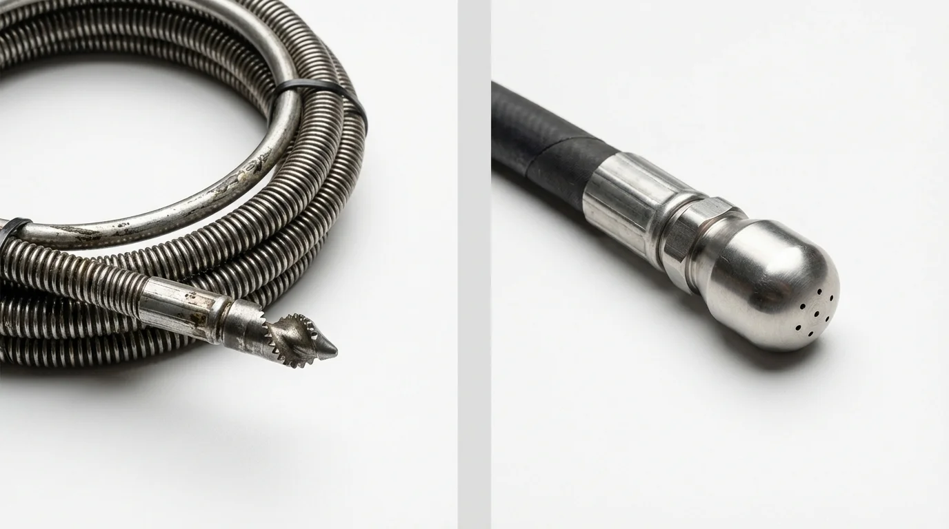 Drain snake cable and hydro jetting nozzle used for drain cleaning in Collegeville, MN