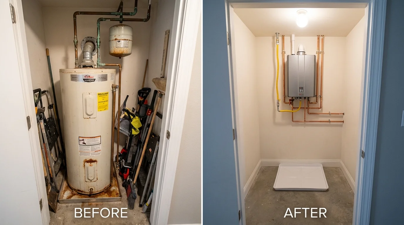 Tank water heater versus wall-mounted tankless unit comparison for Collegeville, MN homeowners