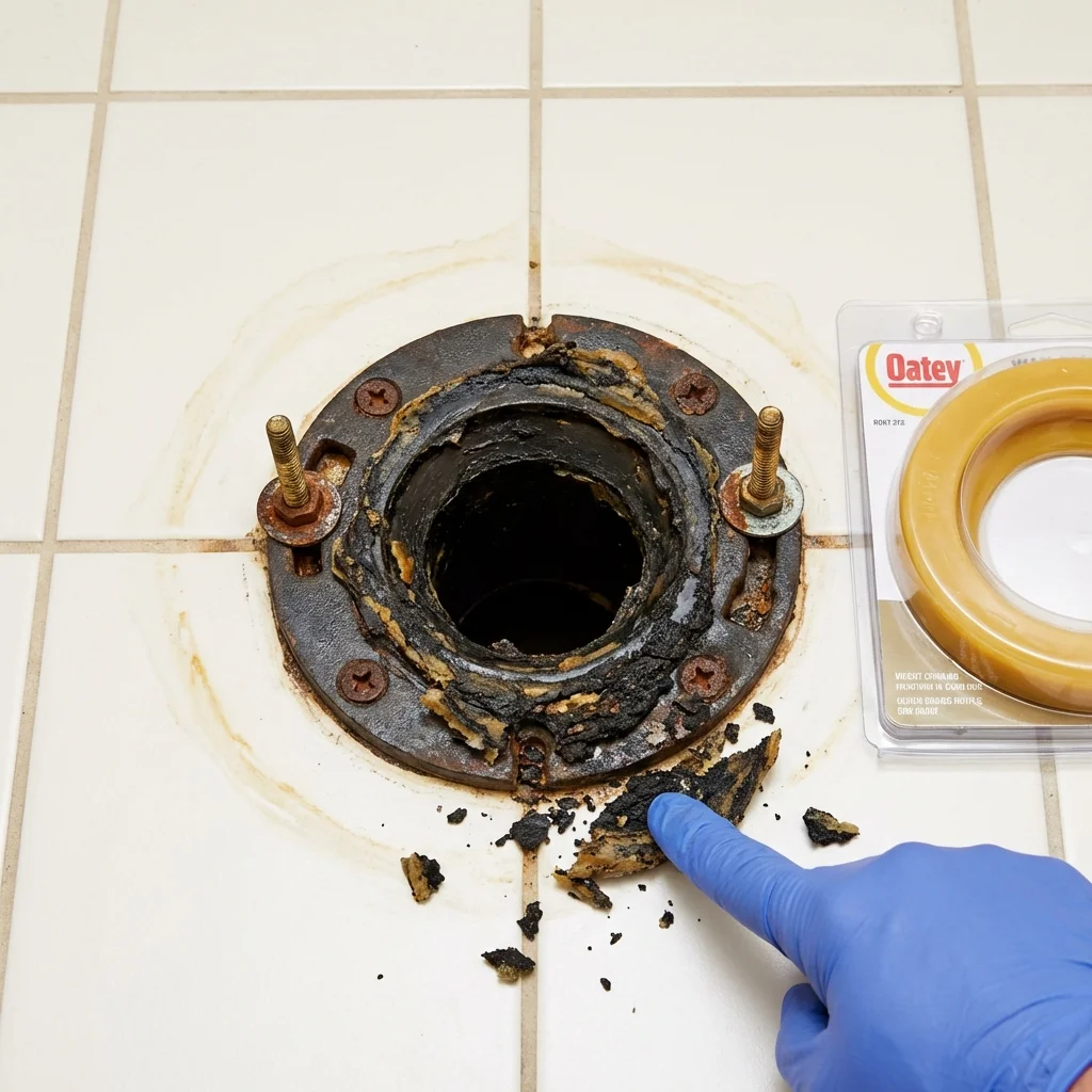 Failed wax ring showing water seepage at the base of a toilet in a Collegeville, MN home