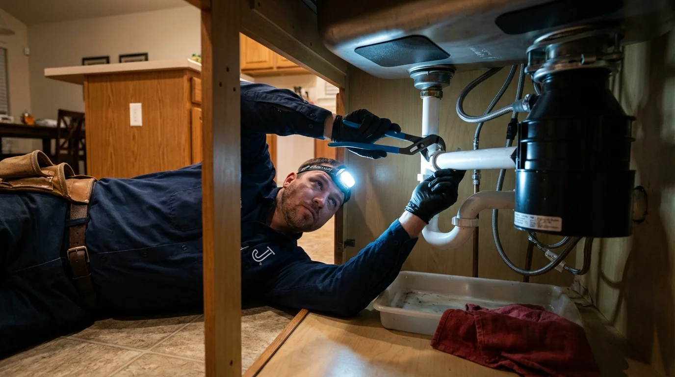P-trap and supply line connections under a kitchen sink showing a common leak point in Collegeville, MN